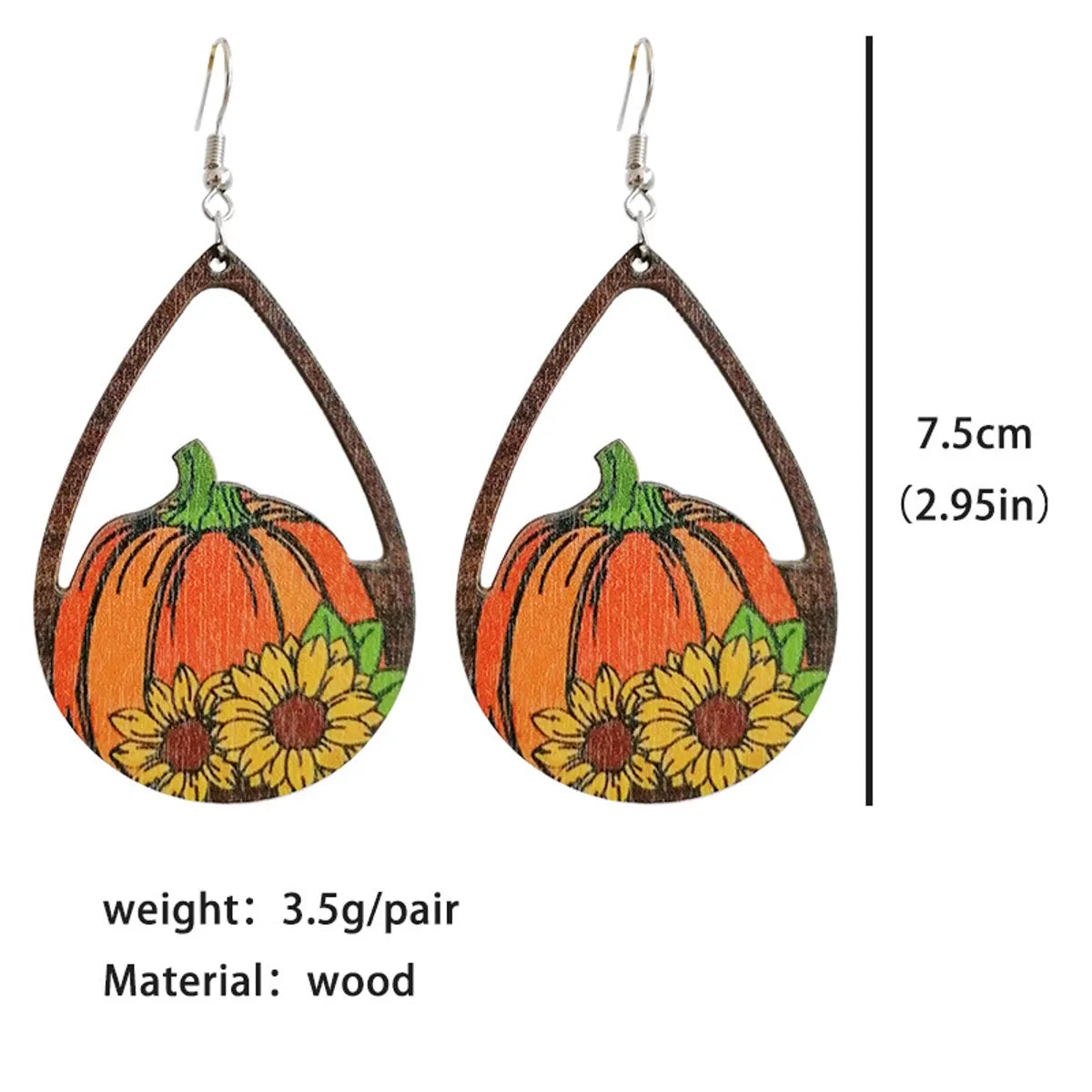 1 Pair Classic Style Pumpkin Printing Wood Drop Earrings