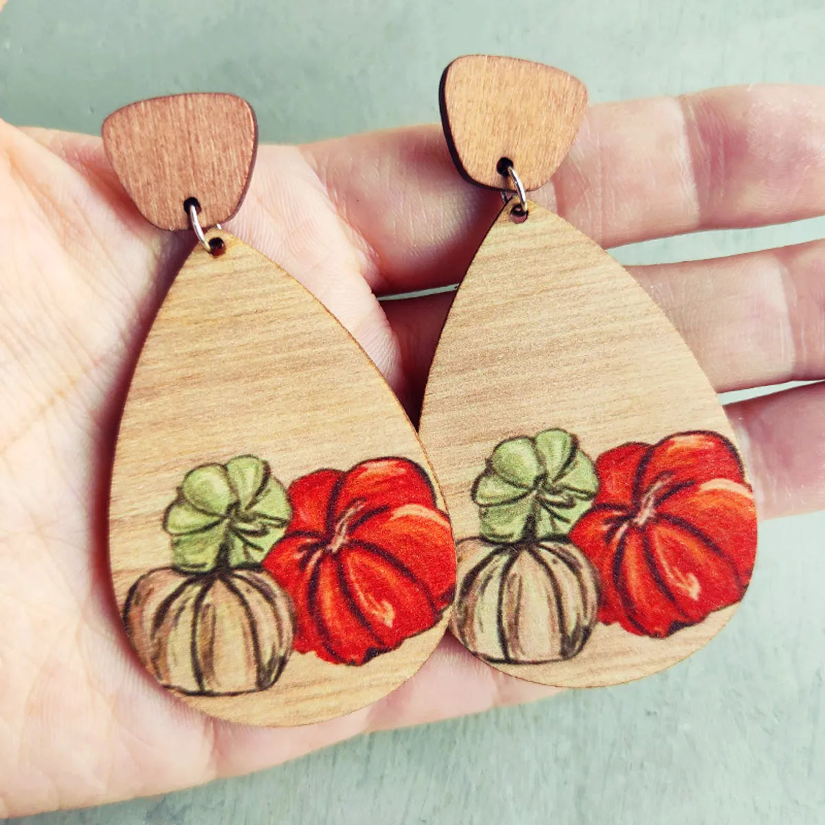 1 Pair Classic Style Pumpkin Printing Wood Drop Earrings