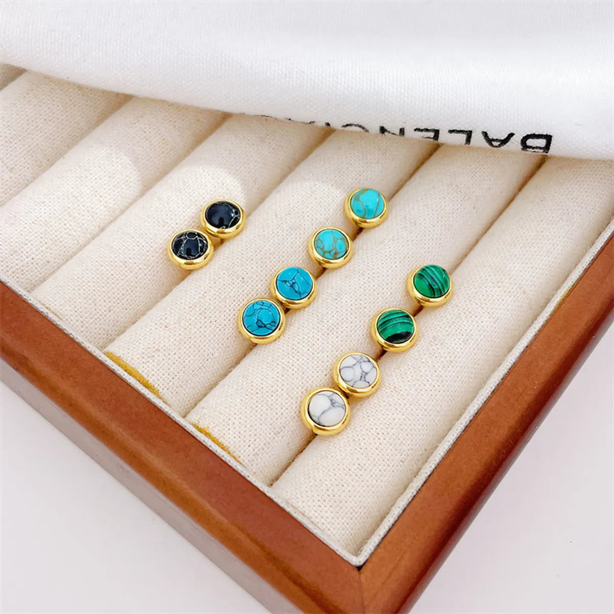 1 Pair Classic Style Round Texture Inlay Stainless Steel Turquoise Ear Studs