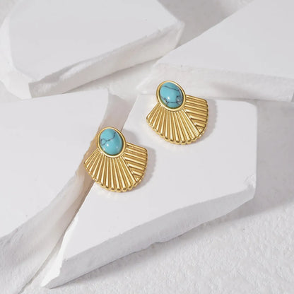 1 Pair Classic Style Sector Plating Inlay Stainless Steel Turquoise 18k Gold Plated Ear Studs