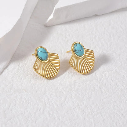 1 Pair Classic Style Sector Plating Inlay Stainless Steel Turquoise 18k Gold Plated Ear Studs