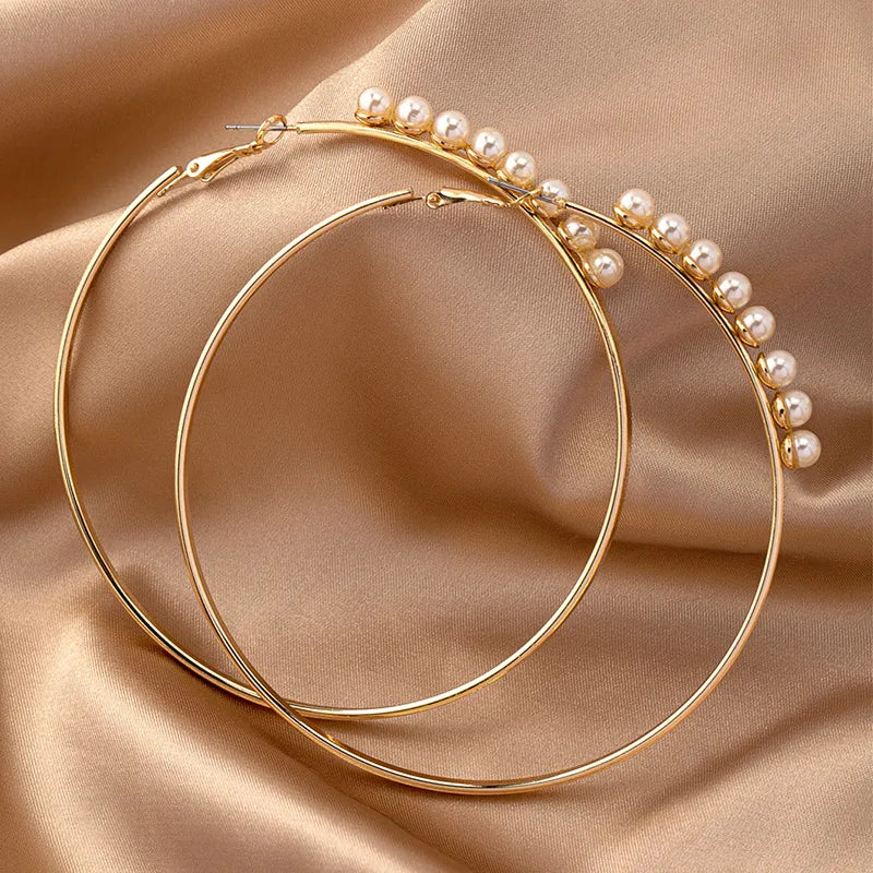 1 Pair Classic Style Streetwear Circle Round Plating Inlay Alloy Ferroalloy Artificial Pearls 14k Gold Plated Hoop Earrings