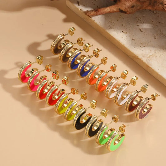 1 Pair Classic Style Streetwear Geometric Enamel Plating Inlay Copper Zircon 14k Gold Plated Ear Studs