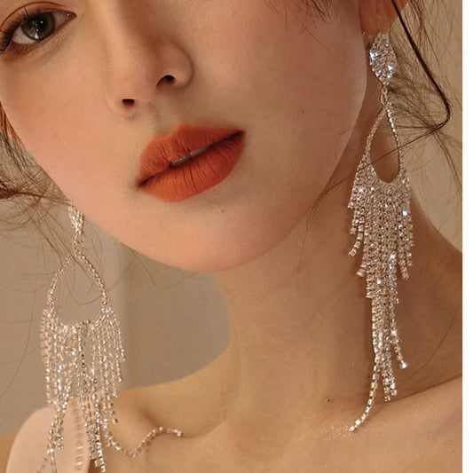 1 Pair Classic Style Tassel Rhinestone Drop Earrings