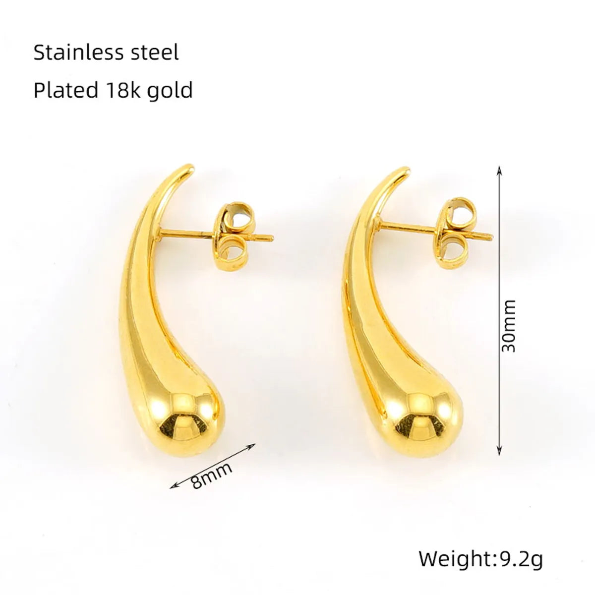 1 Pair Classic Style Water Droplets Polishing Plating 304 Stainless Steel 18K Gold Plated Ear Studs