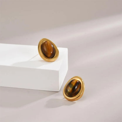 1 Pair Classical Artistic Oval Plating Inlay Stainless Steel Natural Stone 18k Gold Plated Ear Studs