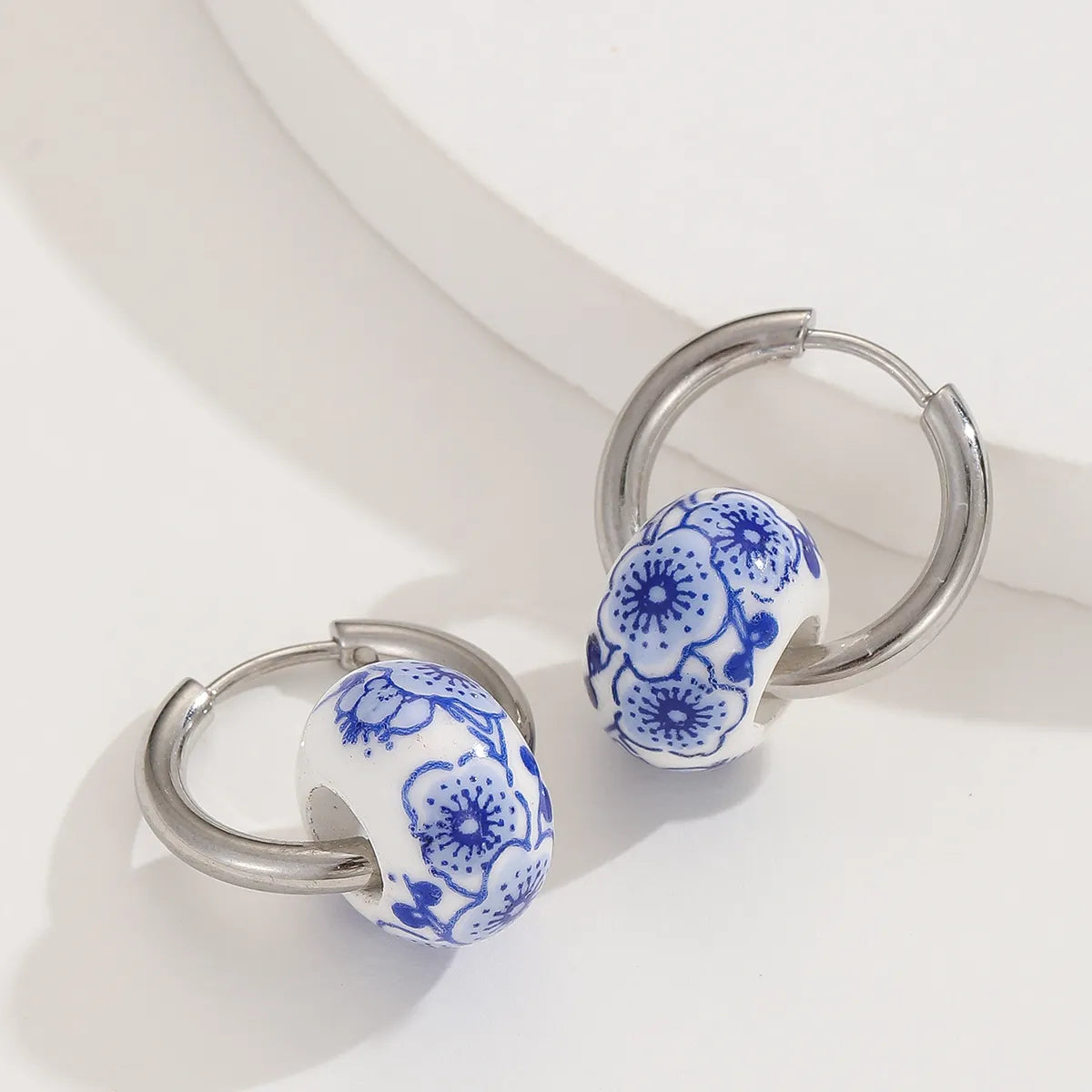 1 Pair Classical Blue And White Porcelain Stainless Steel Ceramics Hoop Earrings