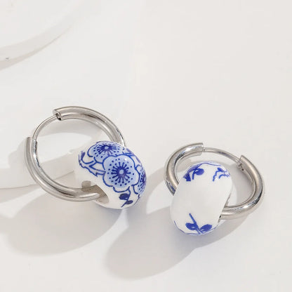 1 Pair Classical Blue And White Porcelain Stainless Steel Ceramics Hoop Earrings