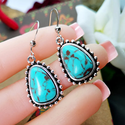 1 Pair Classical Ethnic Style Geometric Metal Inlay Turquoise Silver Plated Women'S Drop Earrings