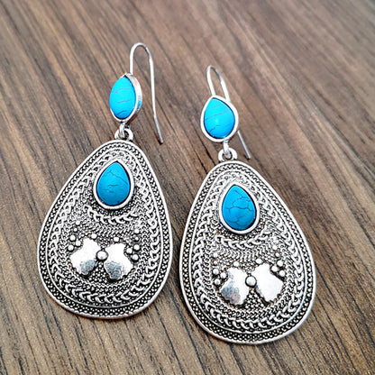 1 Pair Classical Ethnic Style Water Droplets Metal Inlay Turquoise Silver Plated Women's Drop Earrings