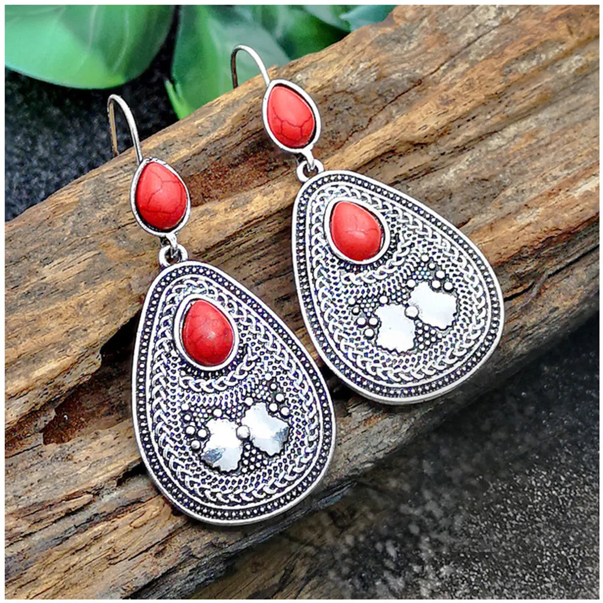 1 Pair Classical Ethnic Style Water Droplets Metal Inlay Turquoise Silver Plated Women's Drop Earrings