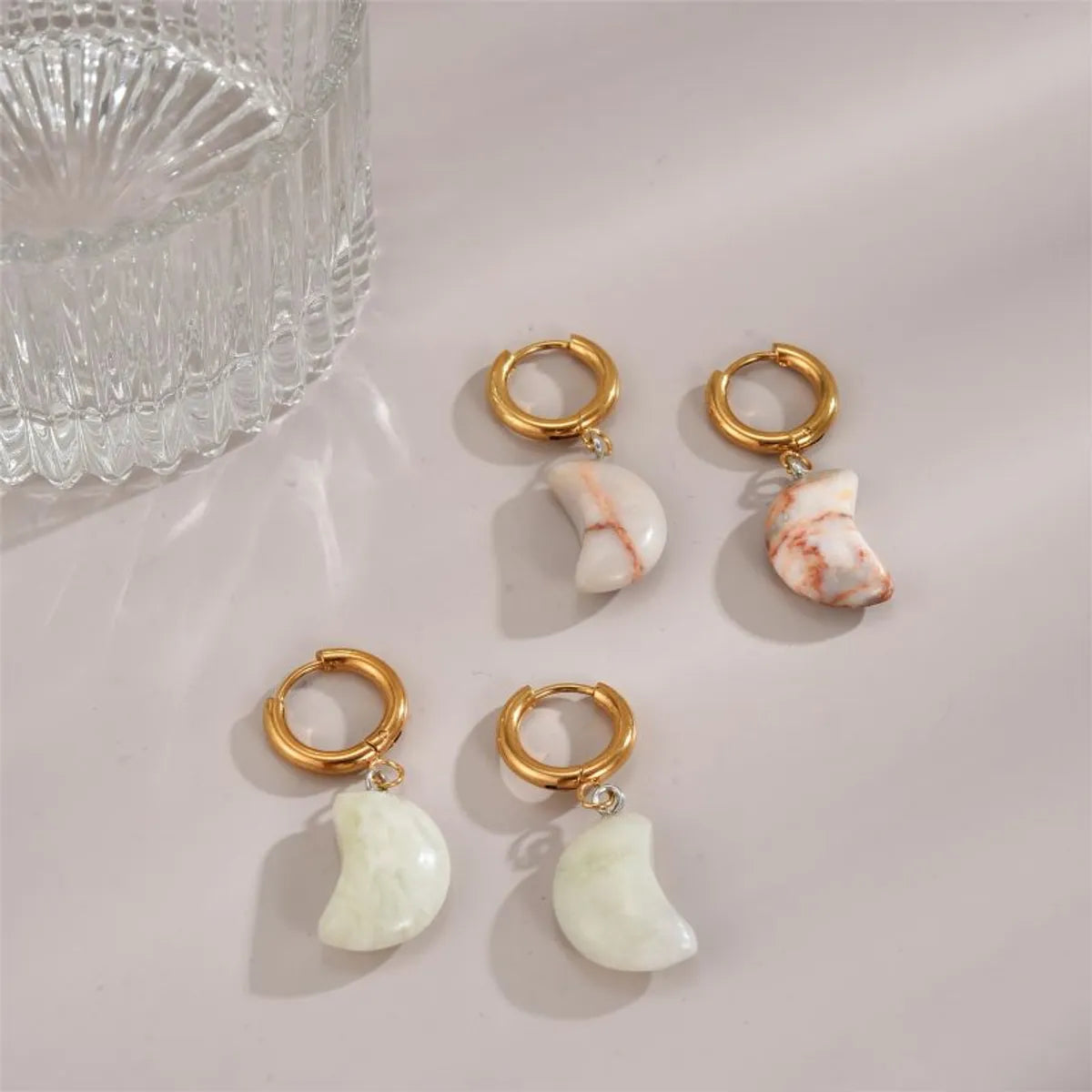 1 Pair Classical Exaggerated Simple Style Moon Polishing Stainless Steel Natural Stone 18K Gold Plated Drop Earrings