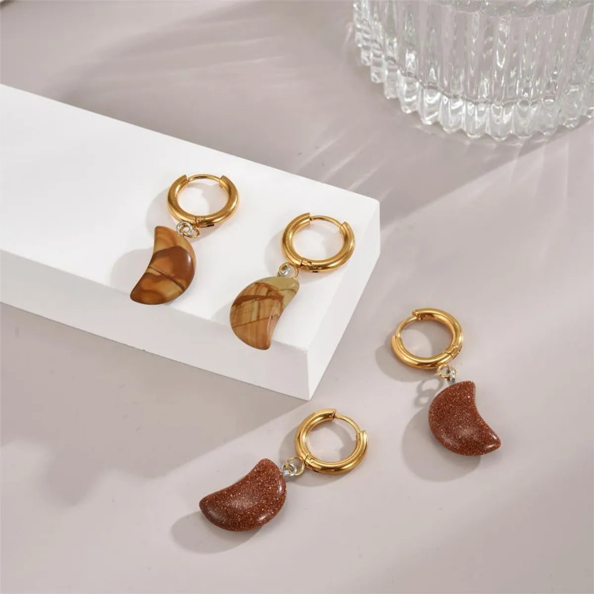 1 Pair Classical Exaggerated Simple Style Moon Polishing Stainless Steel Natural Stone 18K Gold Plated Drop Earrings