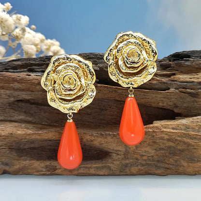 1 Pair Classical French Style Romantic Geometric Rose Natural Stone Resin Copper Drop Earrings Ear Studs