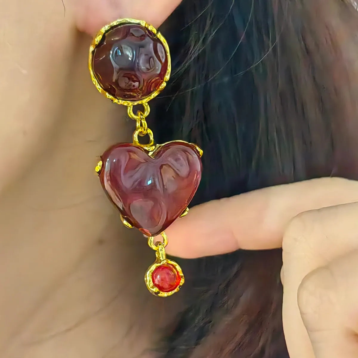 1 Pair Classical Heart Shape Inlay Copper Resin Drop Earrings