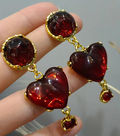 1 Pair Classical Heart Shape Inlay Copper Resin Drop Earrings