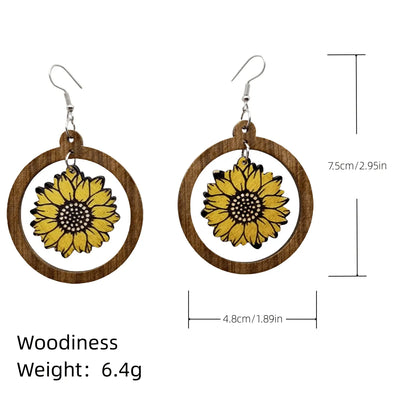 1 Pair Classical Pastoral British Style Sunflower Wood Drop Earrings