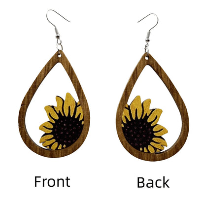 1 Pair Classical Pastoral British Style Sunflower Wood Drop Earrings