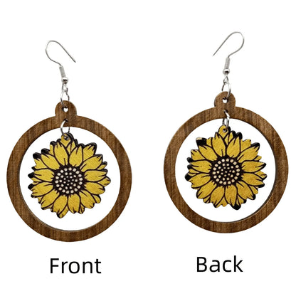 1 Pair Classical Pastoral British Style Sunflower Wood Drop Earrings