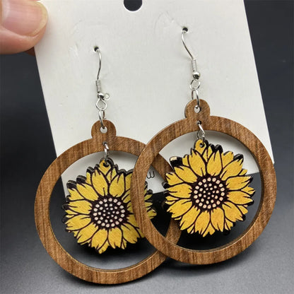 1 Pair Classical Pastoral British Style Sunflower Wood Drop Earrings