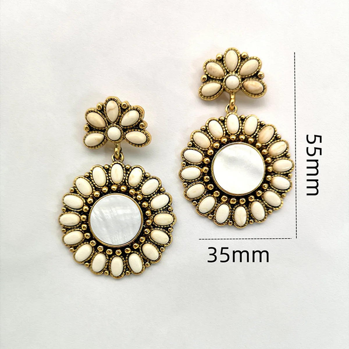 1 Pair Classical Retro Round Plating Inlay Alloy Turquoise Shell Gold Plated Drop Earrings