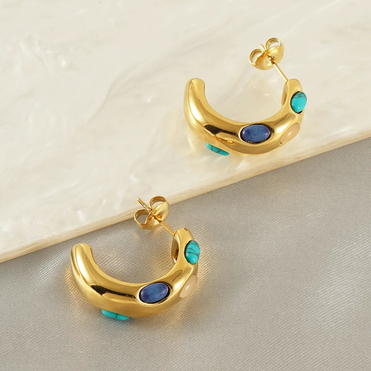 1 Pair Classical Romantic C Shape Inlay Stainless Steel Turquoise 18k Gold Plated Ear Studs