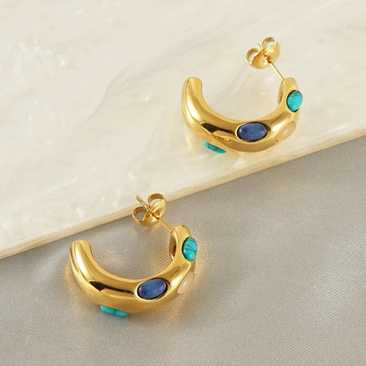 1 Pair Classical Romantic C Shape Inlay Stainless Steel Turquoise 18k Gold Plated Ear Studs