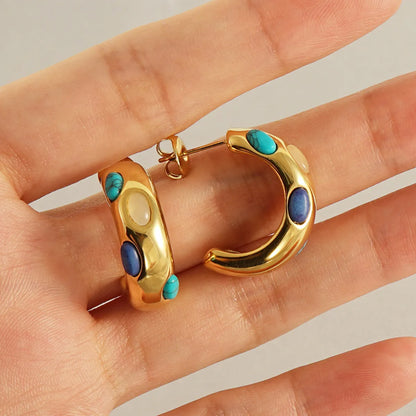 1 Pair Classical Romantic C Shape Inlay Stainless Steel Turquoise 18k Gold Plated Ear Studs