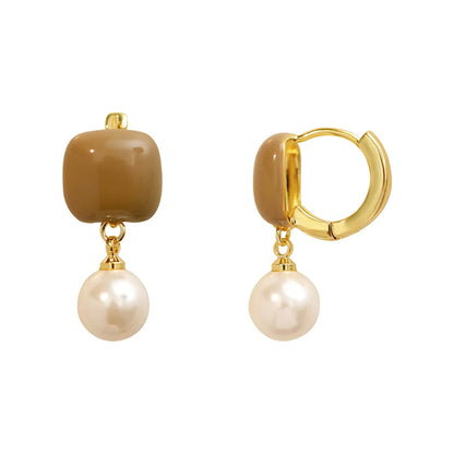 1 Pair Commute Korean Style Geometric Enamel Inlay Copper Artificial Pearls 14K Gold Plated Drop Earrings