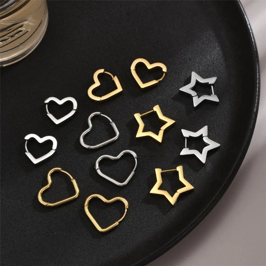 1 Pair Commute Pentagram Heart Shape Polishing Plating Stainless Steel 18k Gold Plated Earrings