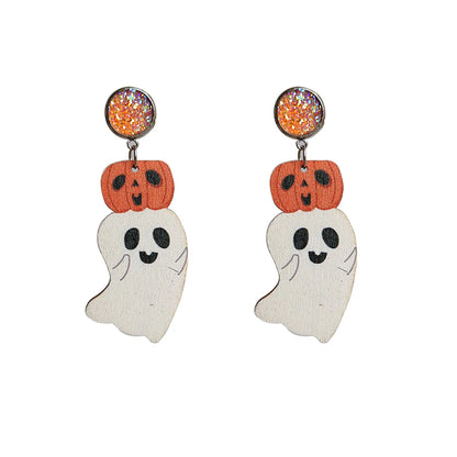 1 Pair Commute Pumpkin Printing Wood Drop Earrings