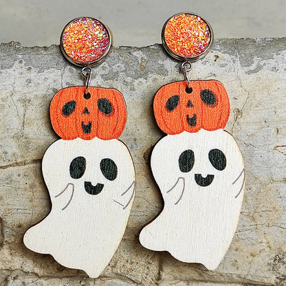 1 Pair Commute Pumpkin Printing Wood Drop Earrings