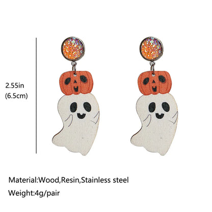 1 Pair Commute Pumpkin Printing Wood Drop Earrings