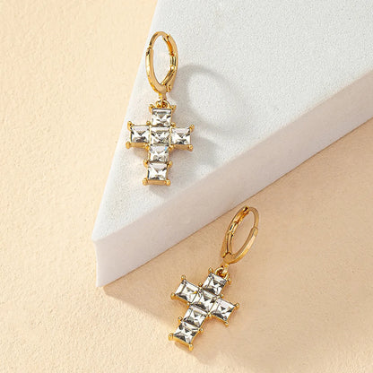 1 Pair Commute Shiny Cross Plating Inlay Alloy Zircon 14k Gold Plated Drop Earrings