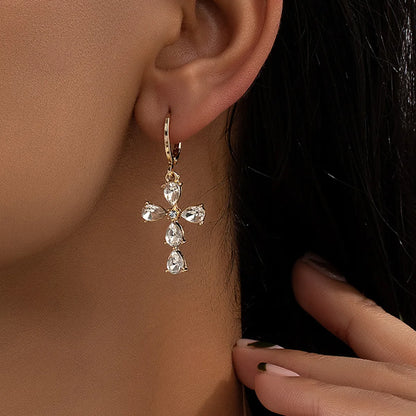 1 Pair Commute Shiny Cross Plating Inlay Alloy Zircon 14k Gold Plated Drop Earrings