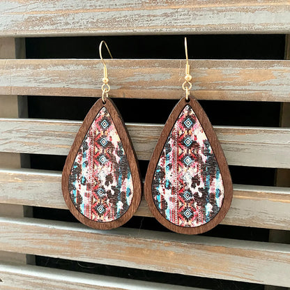 1 Pair Commute Water Droplets Printing Wood Drop Earrings