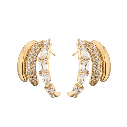 1 Pair Cool Style Shiny C Shape Plating Hollow Out Inlay Copper Zircon 18k Gold Plated Ear Studs