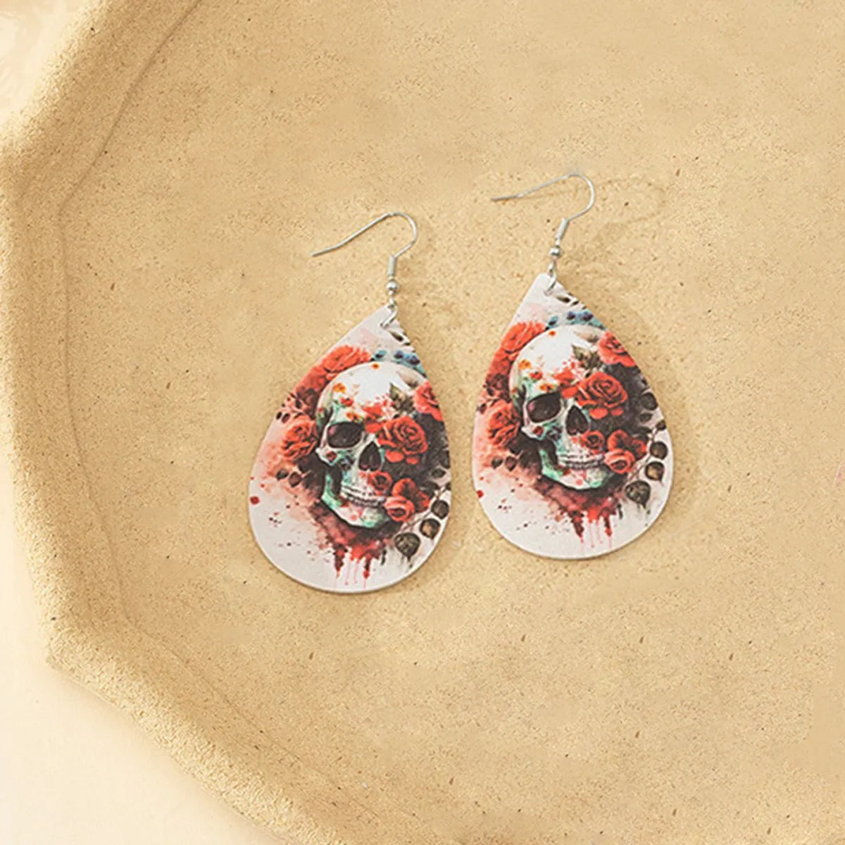 1 Pair Cool Style Water Droplets Bat Skull Printing Pu Leather Earrings