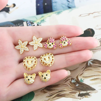 1 Pair Cute Basic Simple Style Starfish Bear Heart Shape Plating Inlay Copper Zircon 18k Gold Plated Ear Studs