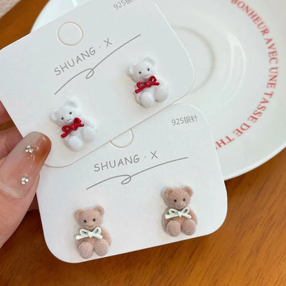 1 Pair Cute Bear Enamel Alloy Flocking Ear Studs