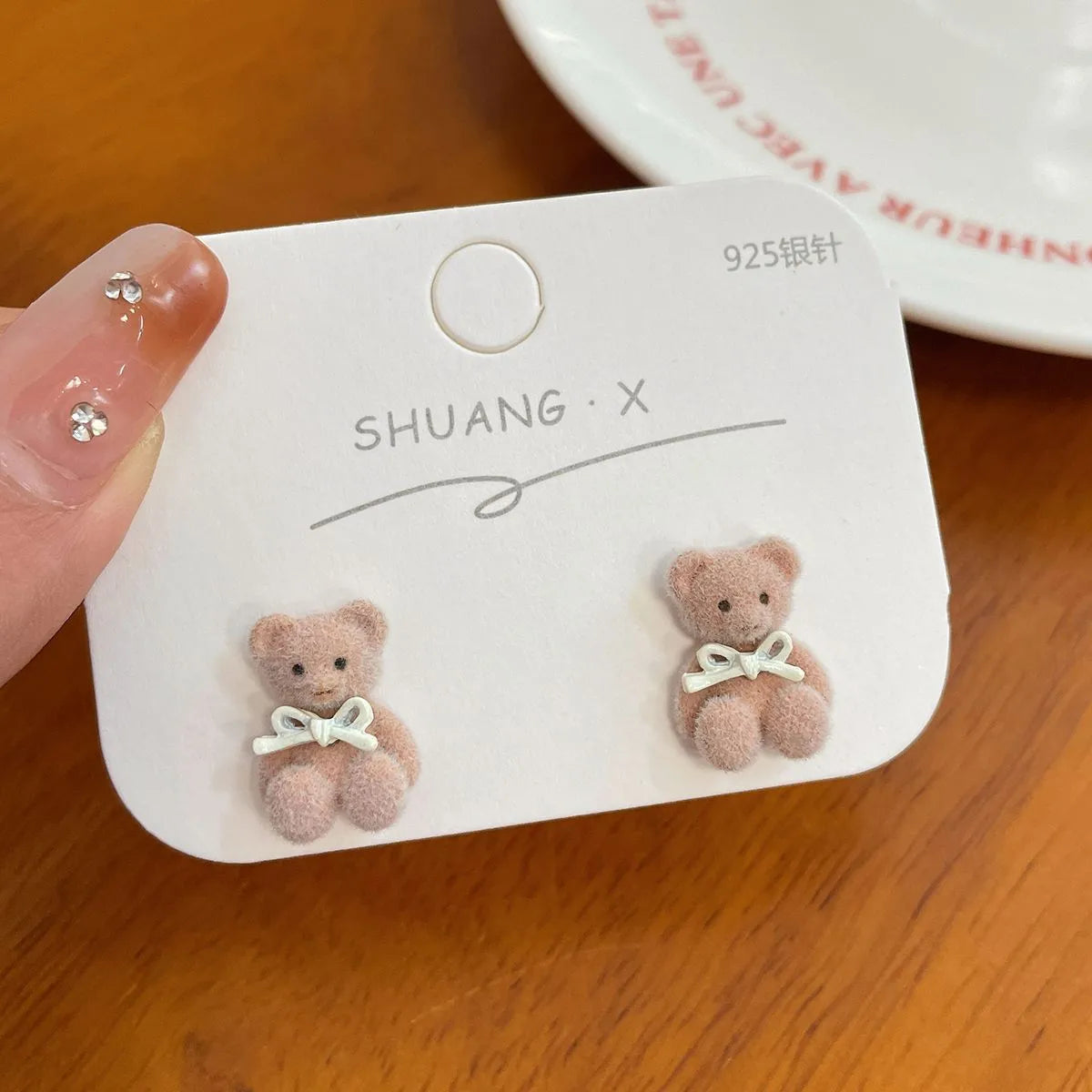 1 Pair Cute Bear Enamel Alloy Flocking Ear Studs