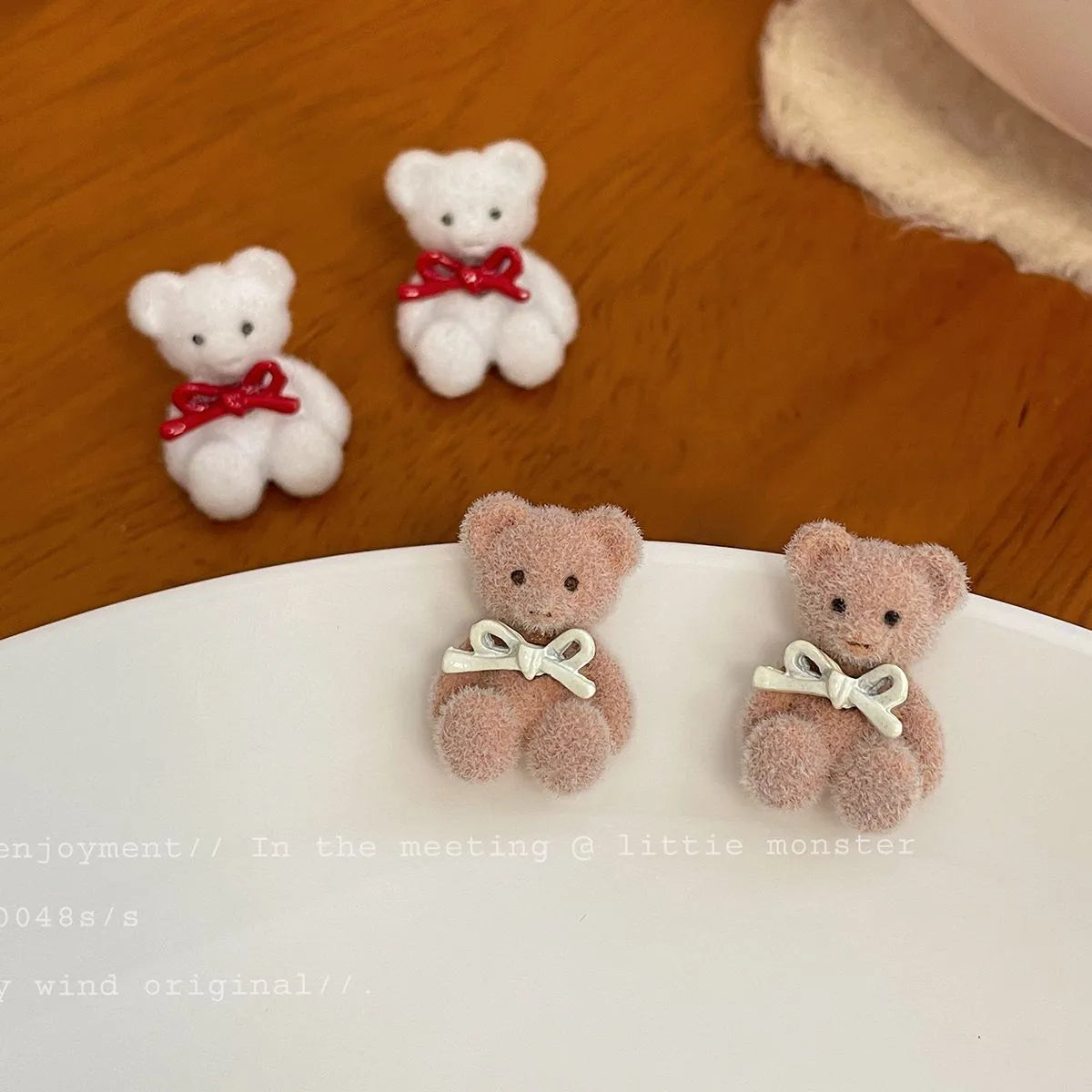 1 Pair Cute Bear Enamel Alloy Flocking Ear Studs