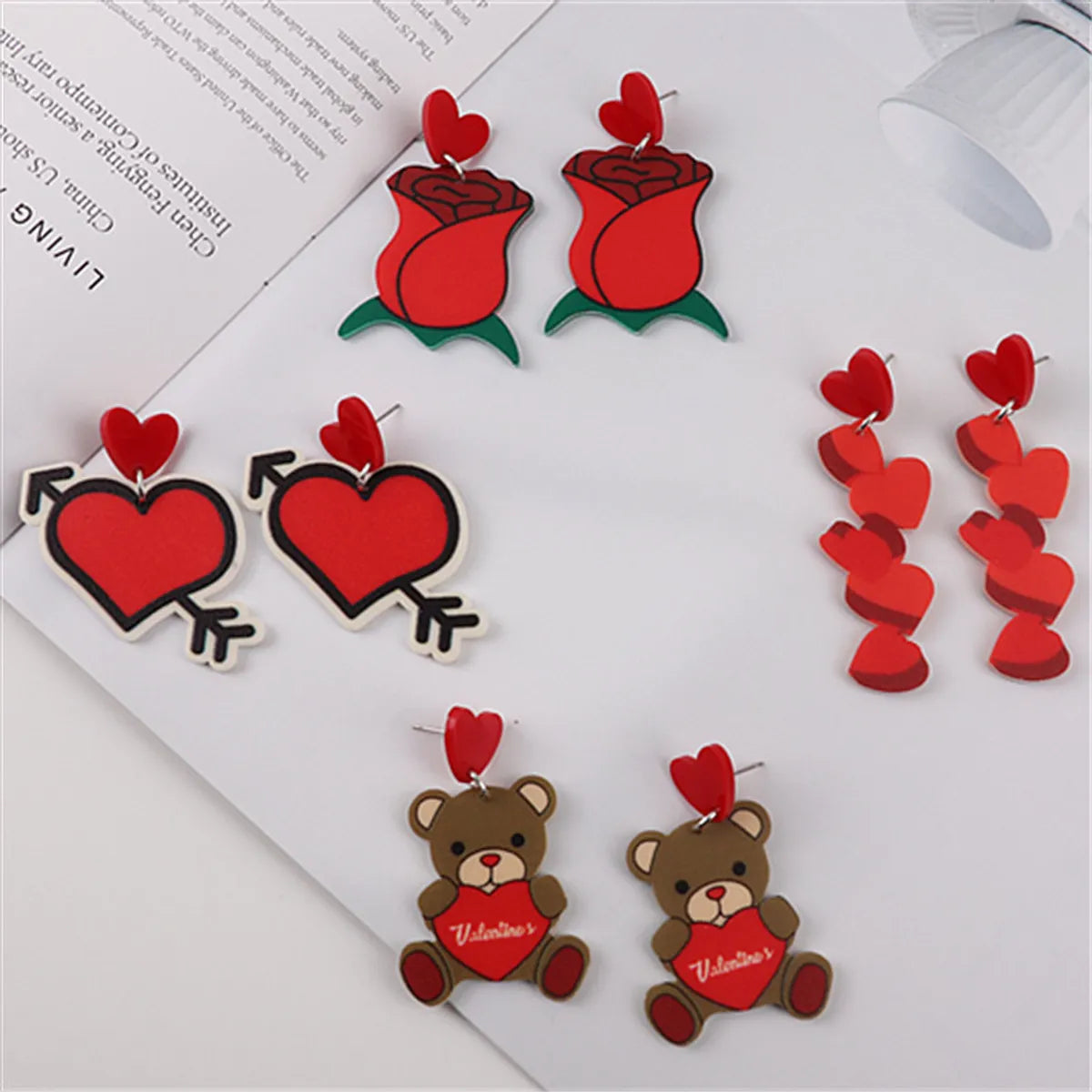 1 Pair Cute Bear Heart Shape Rose Arylic Christmas Valentine's Day Women's Drop Earrings