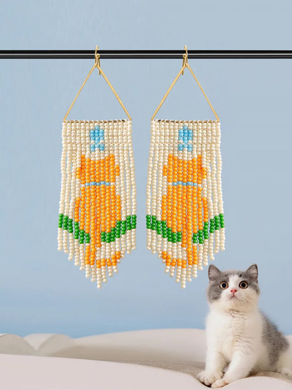 1 Pair Cute Bohemian Cat Beaded Tassel Seed Bead Drop Earrings