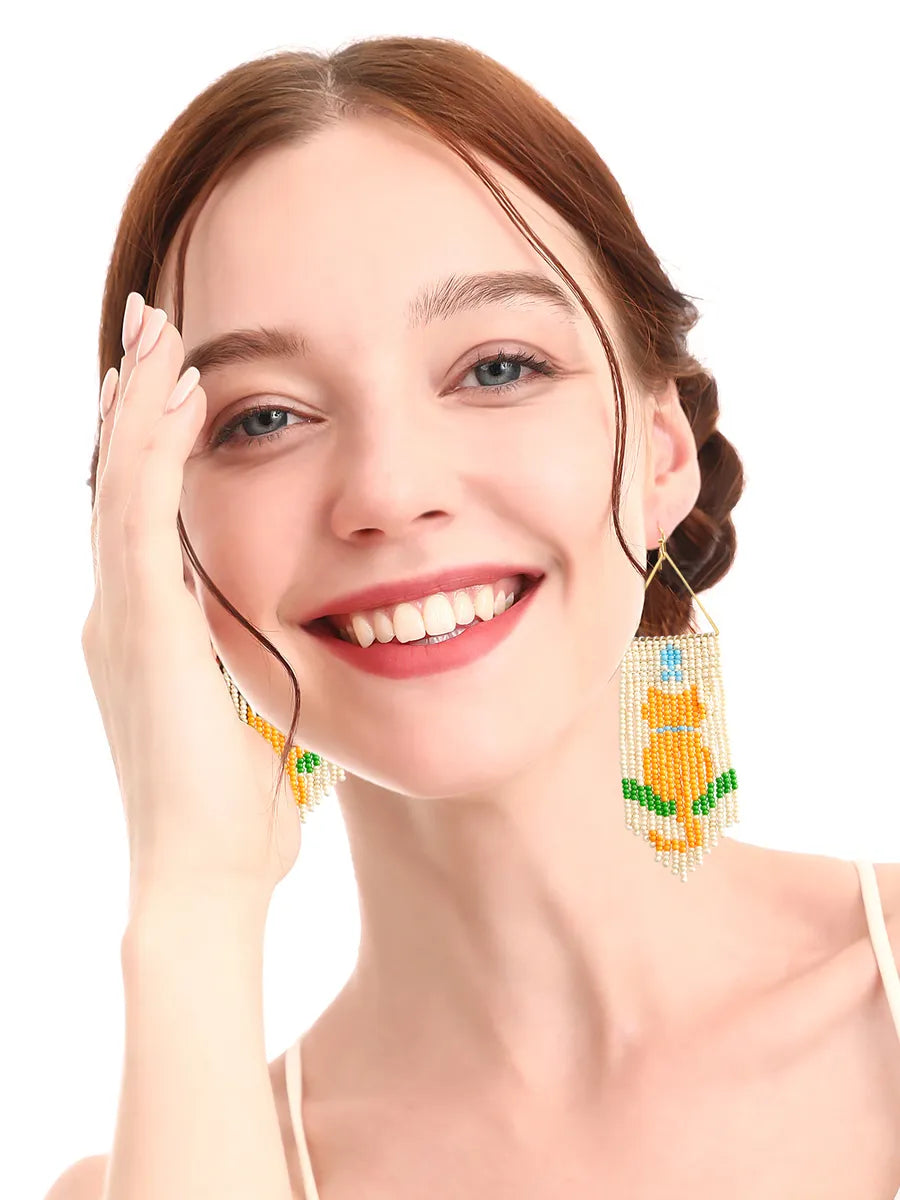 1 Pair Cute Bohemian Cat Beaded Tassel Seed Bead Drop Earrings