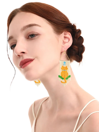 1 Pair Cute Bohemian Cat Beaded Tassel Seed Bead Drop Earrings