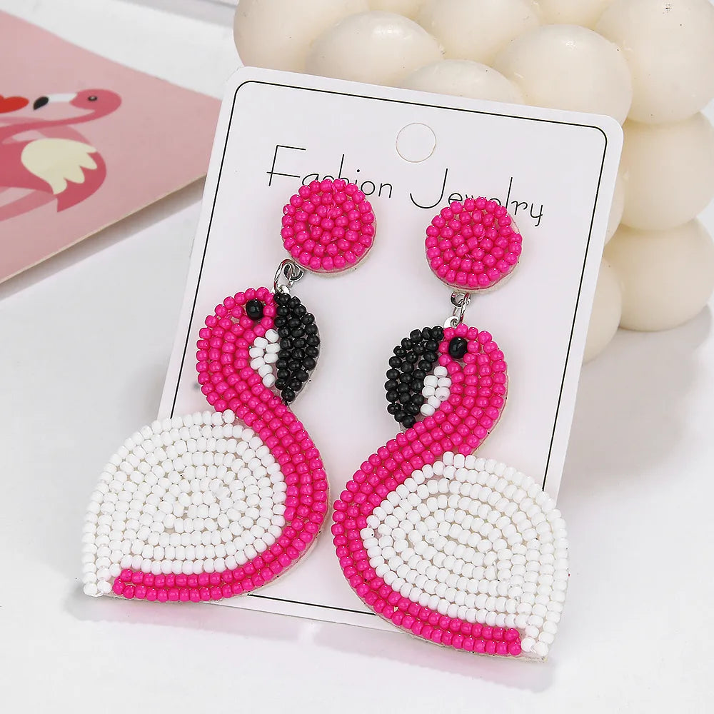 1 Pair Cute Bohemian Flamingo Beaded Nonwoven Glass Drop Earrings