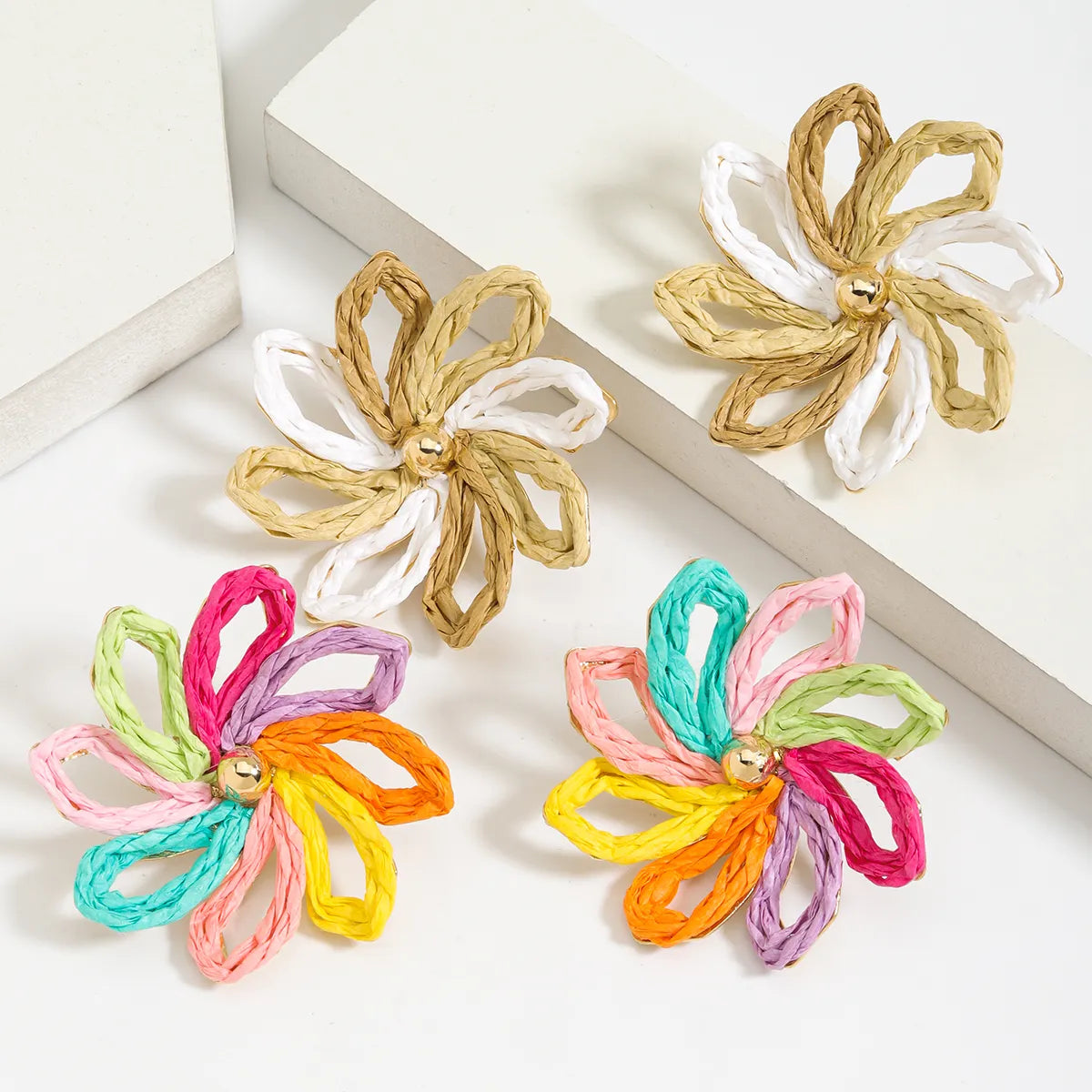 1 Pair Cute Bohemian Pastoral Flower Braid Raffia Zinc Alloy K Gold Plated Ear Studs