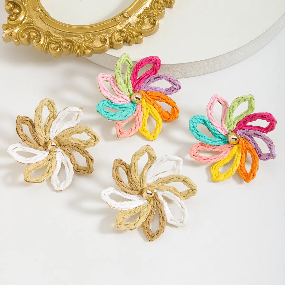 1 Pair Cute Bohemian Pastoral Flower Braid Raffia Zinc Alloy K Gold Plated Ear Studs