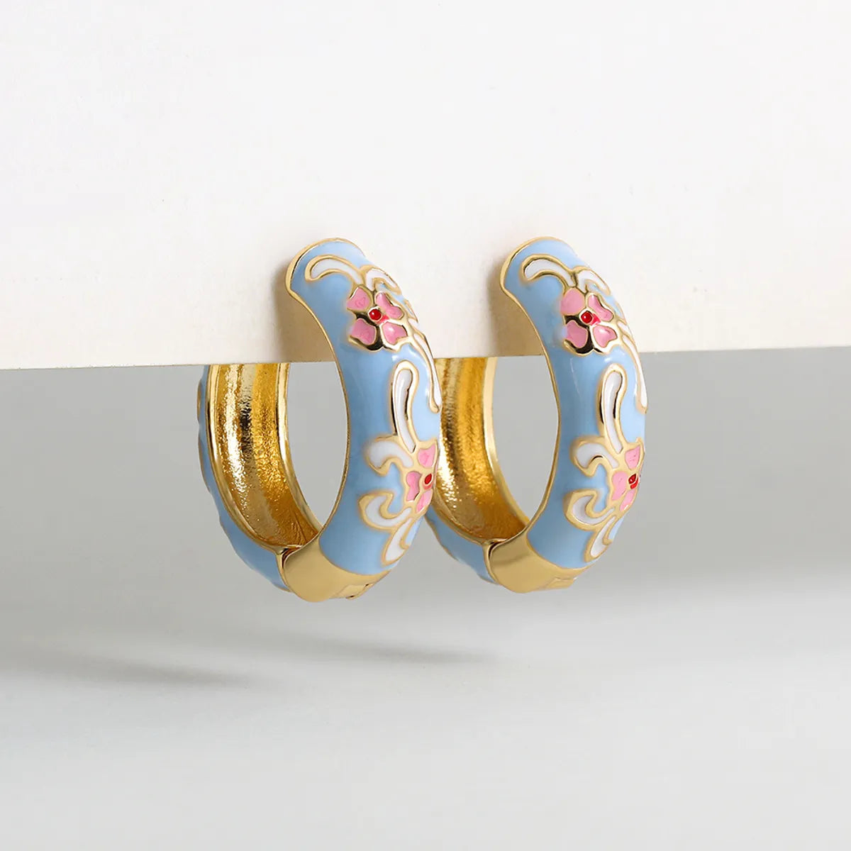 1 Pair Cute Bohemian Sweet Printing Flower Enamel Copper Hoop Earrings